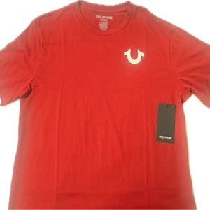 TRUE RELIGION Men's Multi Logo Crew Tee Red Dahlia Large NWT